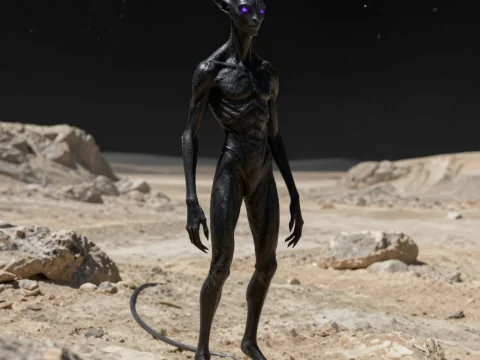 Slender Alien Creature with Glowing Purple Eyes on Rocky Terrain