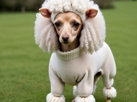 Small Dog Wearing a White Poodle Costume Outdoors