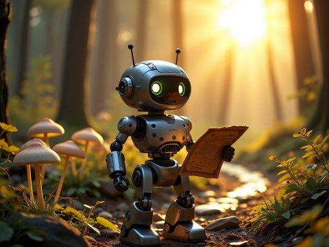 Small Robot Exploring a Forest Path at Sunrise