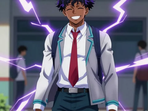 Smiling African American Anime Hero with Electric Aura