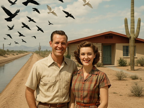Smiling American Couple in Desert Setting with Birds Flying