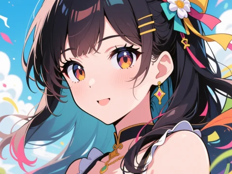 Smiling Anime Girl with Colorful Hair Accessories