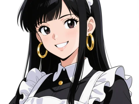 Smiling Anime Maid with Gold Hoop Earrings