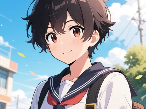 Smiling Anime Schoolgirl in Sailor Uniform Outdoors