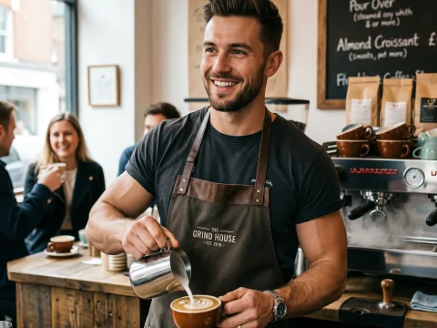 Smiling Barista Pouring Latte Art in Cozy Coffee Shop