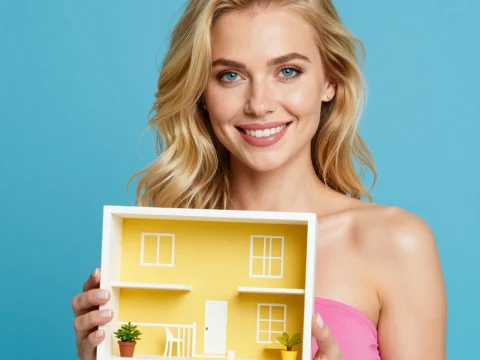 Smiling Blonde Woman Holding Miniature Yellow House Model
