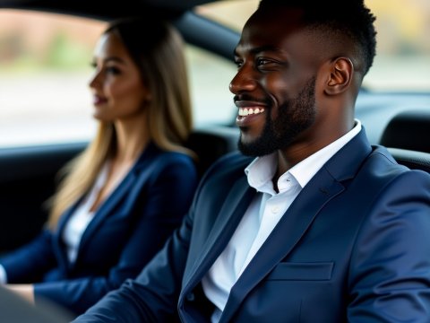 Smiling Business Professionals Driving in Car