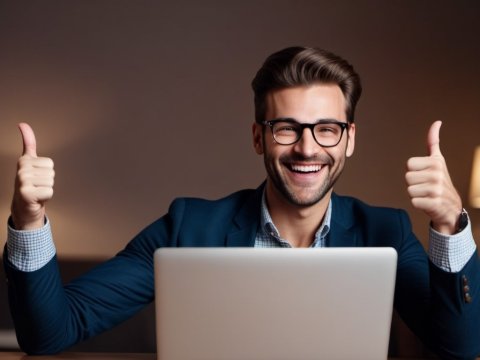 Smiling Businessman Giving Thumbs Up in Office