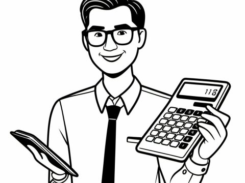 Smiling Businessman Holding Calculator and Tablet Illustration