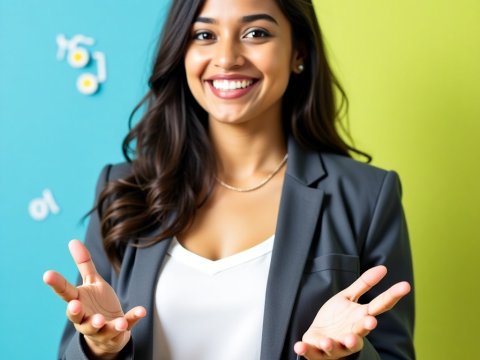 Smiling Businesswoman Gesturing with Open Hands