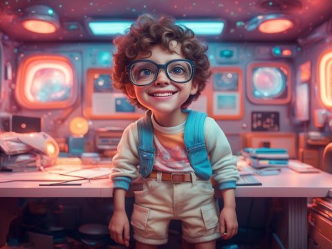 Smiling Child in a Futuristic Control Room