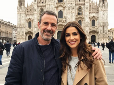 Smiling Couple Posing in Front of Milan Cathedral