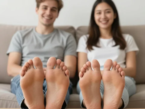 Smiling Couple Relaxing on Couch with Bare Feet Forward