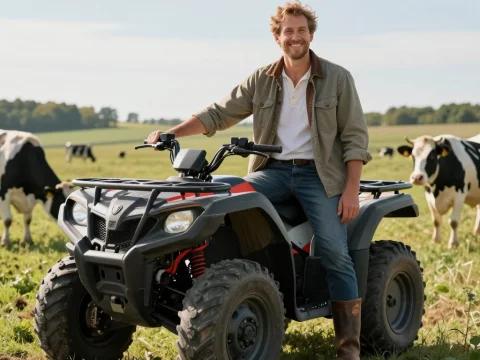 Smiling Farmer on ATV in Pasture with Cows