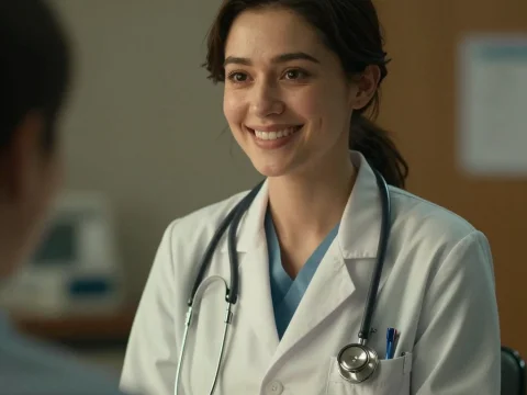Smiling Female Doctor with Stethoscope in Medical Office
