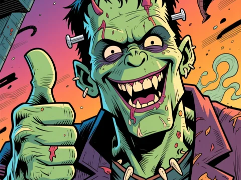 Smiling Frankenstein Giving Thumbs Up in Comic Style