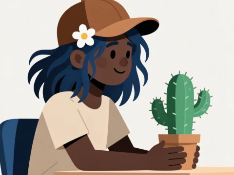 Smiling Girl Holding Potted Cactus in Flat Paper Cut Style