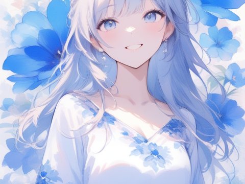 Smiling Girl Surrounded by Blue Flowers in Watercolor Style
