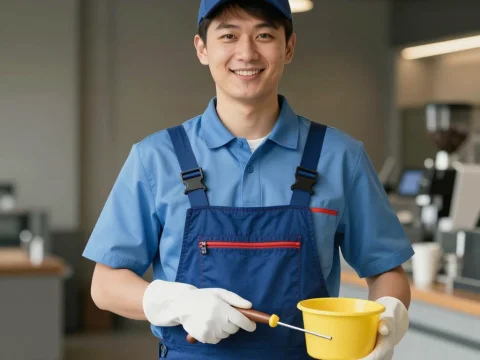 Smiling Janitor Holding Cleaning Tools in Modern Workspace