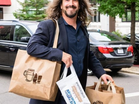 Smiling Man Carrying Reusable Shopping Bags on City Street
