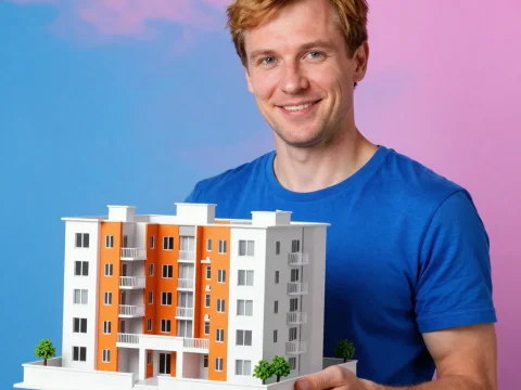 Smiling Man Holding Modern Apartment Model