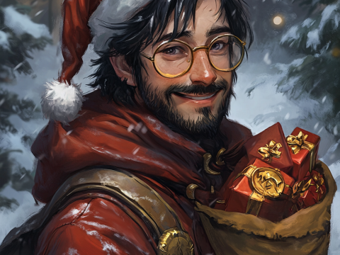 Smiling Man in Santa Hat Carrying Christmas Gifts