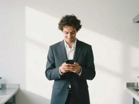 Smiling Man in Suit Using Smartphone in Minimalist Office