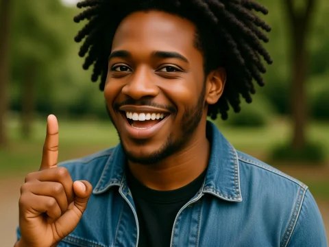 Smiling Man with Raised Finger Outdoors