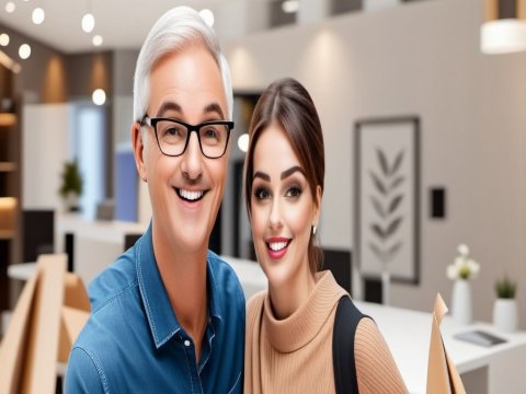 Smiling Mature Man and Young Woman in Modern Office