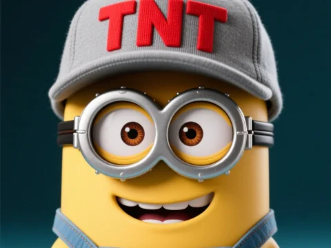 Smiling Minion Wearing TNT Cap and Goggles