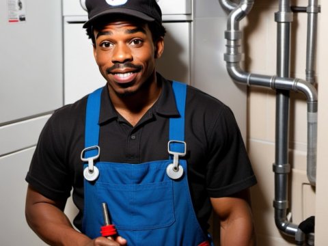 Smiling Plumber in Blue Overalls Holding Tools