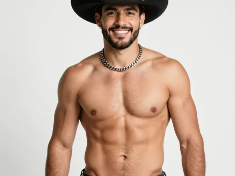 Smiling Shirtless Latin Man Wearing Cowboy Hat and Belt