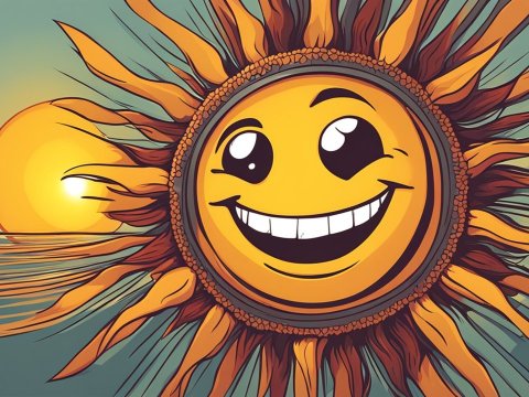 Smiling Sun with Cartoon Face over Ocean Horizon