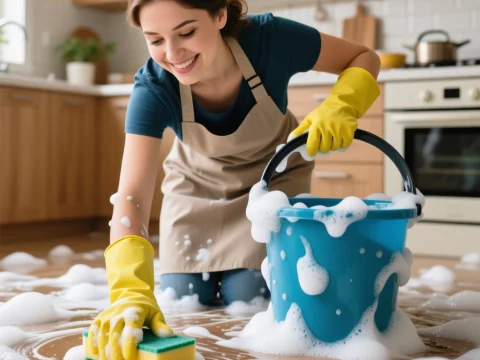 Smiling Woman Cleaning Floor with Soapy Water in Kitchen