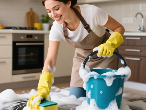 Smiling Woman Cleaning Kitchen Floor with Soapy Sponge