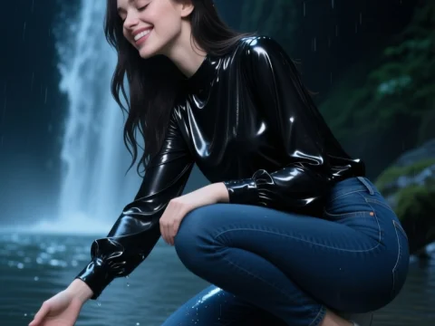 Smiling Woman Enjoying Waterfall Nature Moment