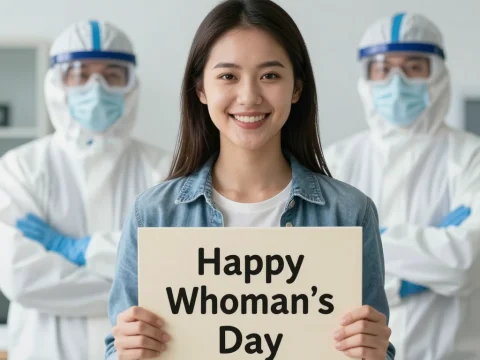 Smiling Woman Holding Happy Woman's Day Sign with Medical Workers
