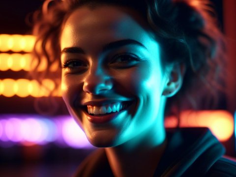 Smiling Woman Illuminated by Neon Lights