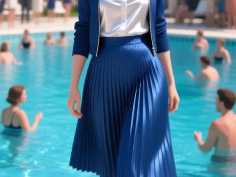 Smiling Woman in Blue Outfit by the Pool