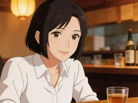 Smiling Woman in Cozy Japanese Bar