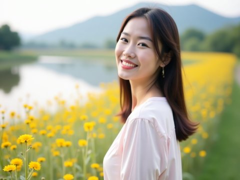 Smiling Woman in Yellow Flower Field by the Lake