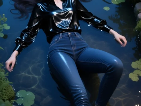 Smiling Woman Relaxing in a Serene Pond