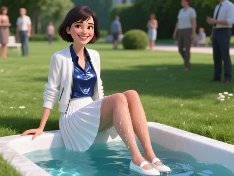 Smiling Woman Relaxing with Feet in Water in Park