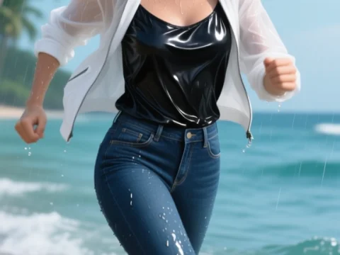 Smiling Woman Running on Beach in Rain