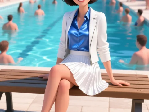 Smiling Woman Sitting by Pool in Stylish Outfit