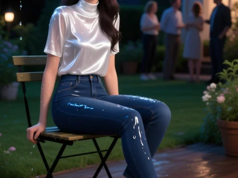 Smiling Woman Sitting in the Rain at Night