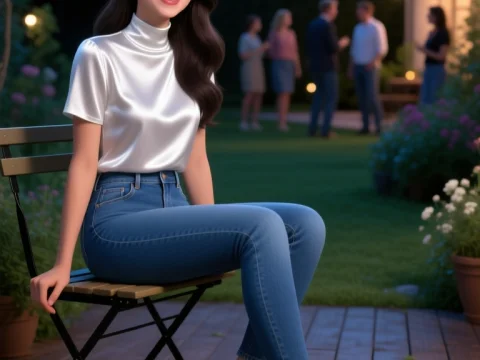 Smiling Woman Sitting Outdoors at Evening Gathering