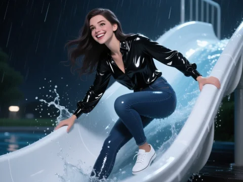 Smiling Woman Sliding Down Water Slide at Night