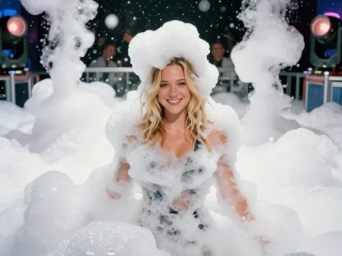 Smiling Woman Surrounded by Foam at a Party