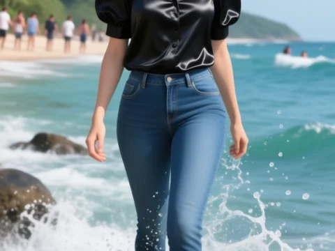 Smiling Woman Walking on Rocky Beach Shore